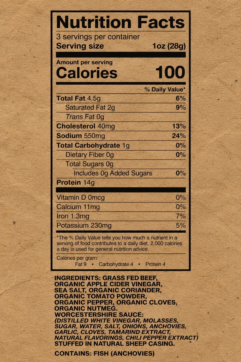 A Nutrition Facts label on a brown kraft paper background, showing serving size, calories, nutrients, ingredients, and allergens.