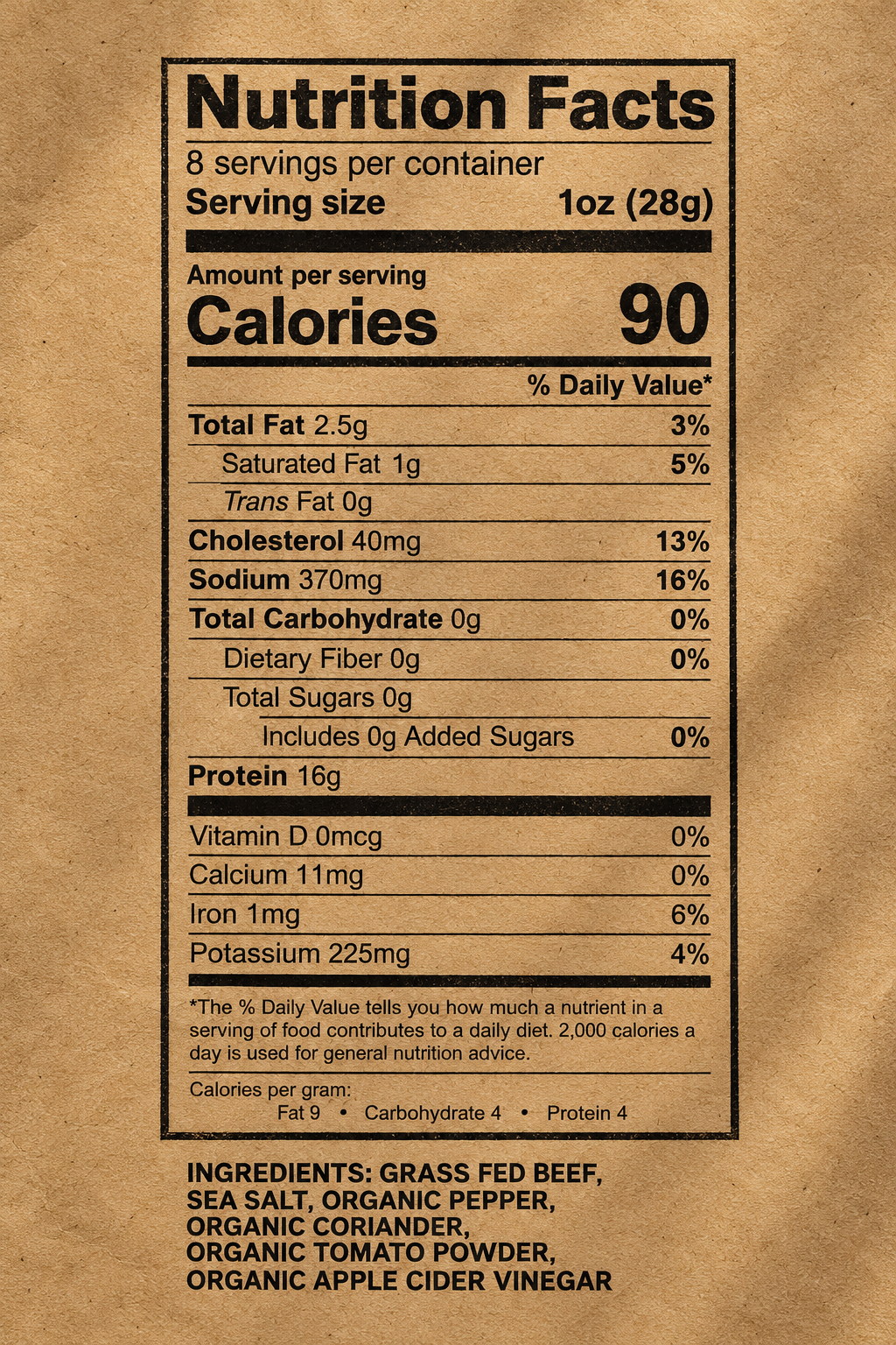 A Nutrition Facts label printed on a brown kraft-paper style background, showing calories, fat, protein, and ingredient information in black text and lines.