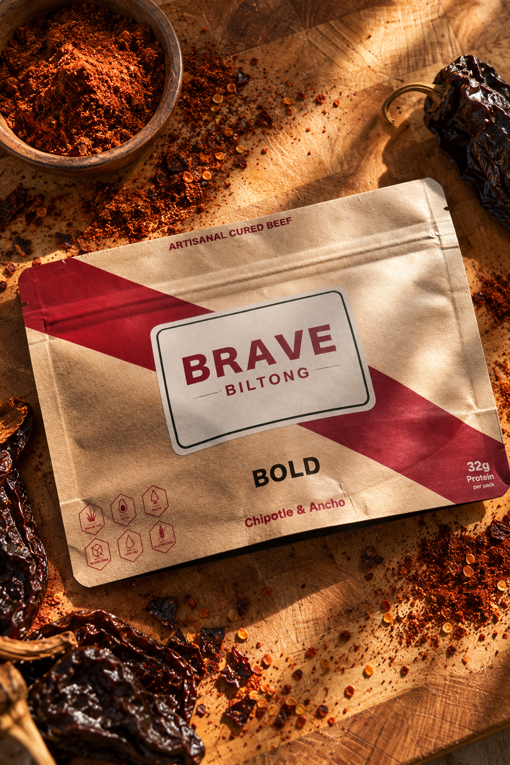 A stand-up pouch of Brave Biltong Bold chipotle & ancho cured beef, placed on a wooden surface with dried chili peppers and red seasoning scattered around it.