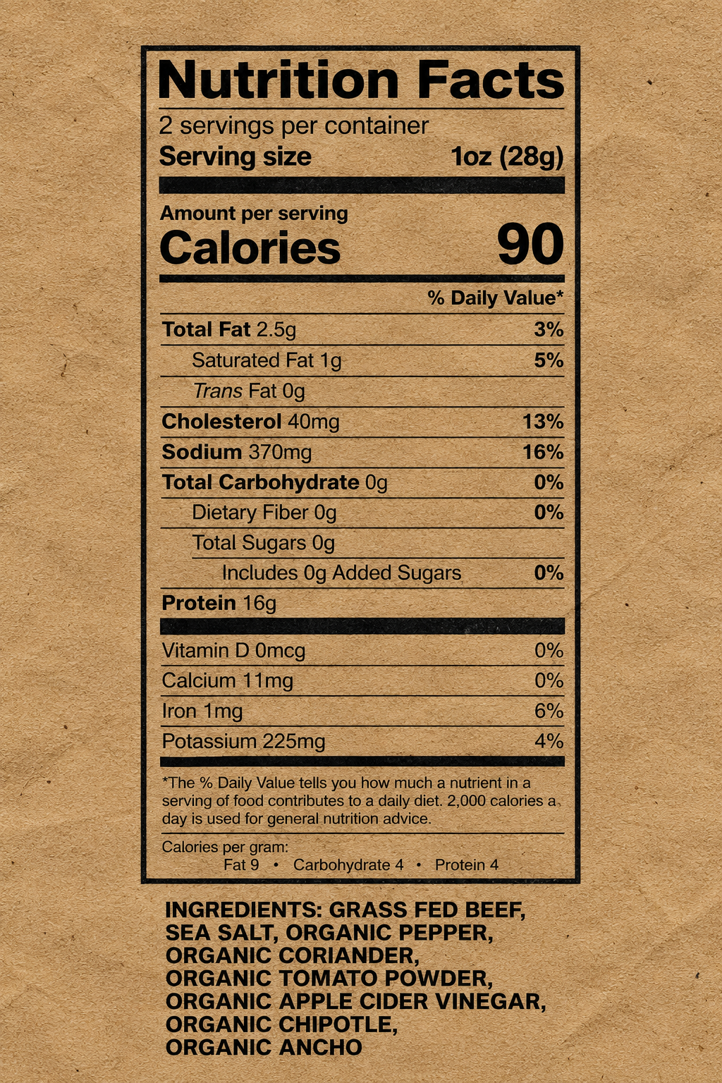 Back nutrition facts label on a brown kraft paper package, showing serving size 1 oz and calories 90, with ingredients listed below including grass fed beef, sea salt, organic pepper, and organic coriander.
