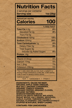 A Nutrition Facts label on a brown kraft paper background, showing serving size, calories, nutrients, ingredients, and allergens.
