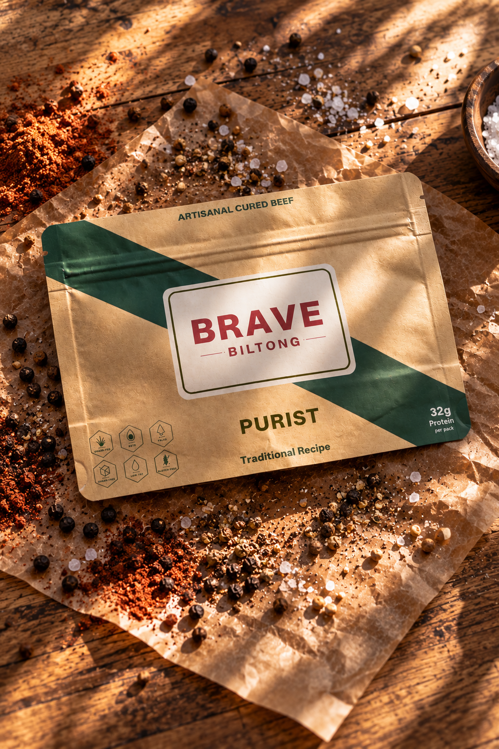 A package of Brave Biltong Purist artisanal cured beef lies on a rustic wooden surface scattered with peppercorns and spices.