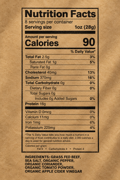 A Nutrition Facts label printed on a brown kraft-paper style background, showing calories, fat, protein, and ingredient information in black text and lines.